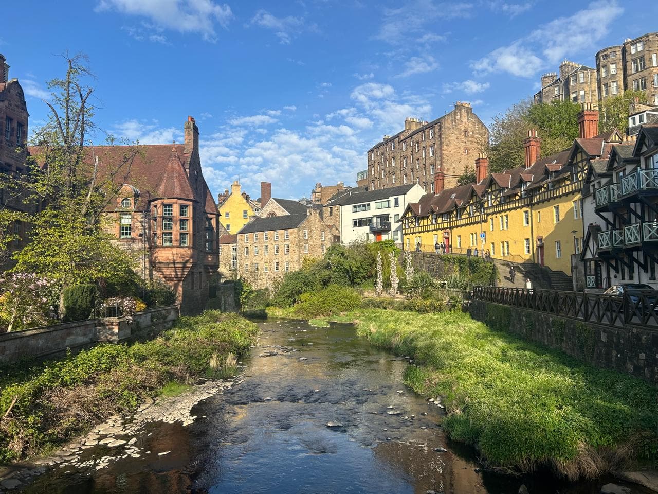 The picturesque stone and half-timbered houses on the banks of the Water of Leith in Dean Village, Edinburgh.