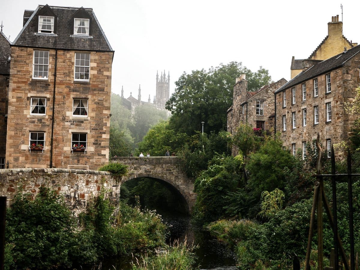 View of the Dean Bridge crossing the river in Dean Village, Edinburgh.