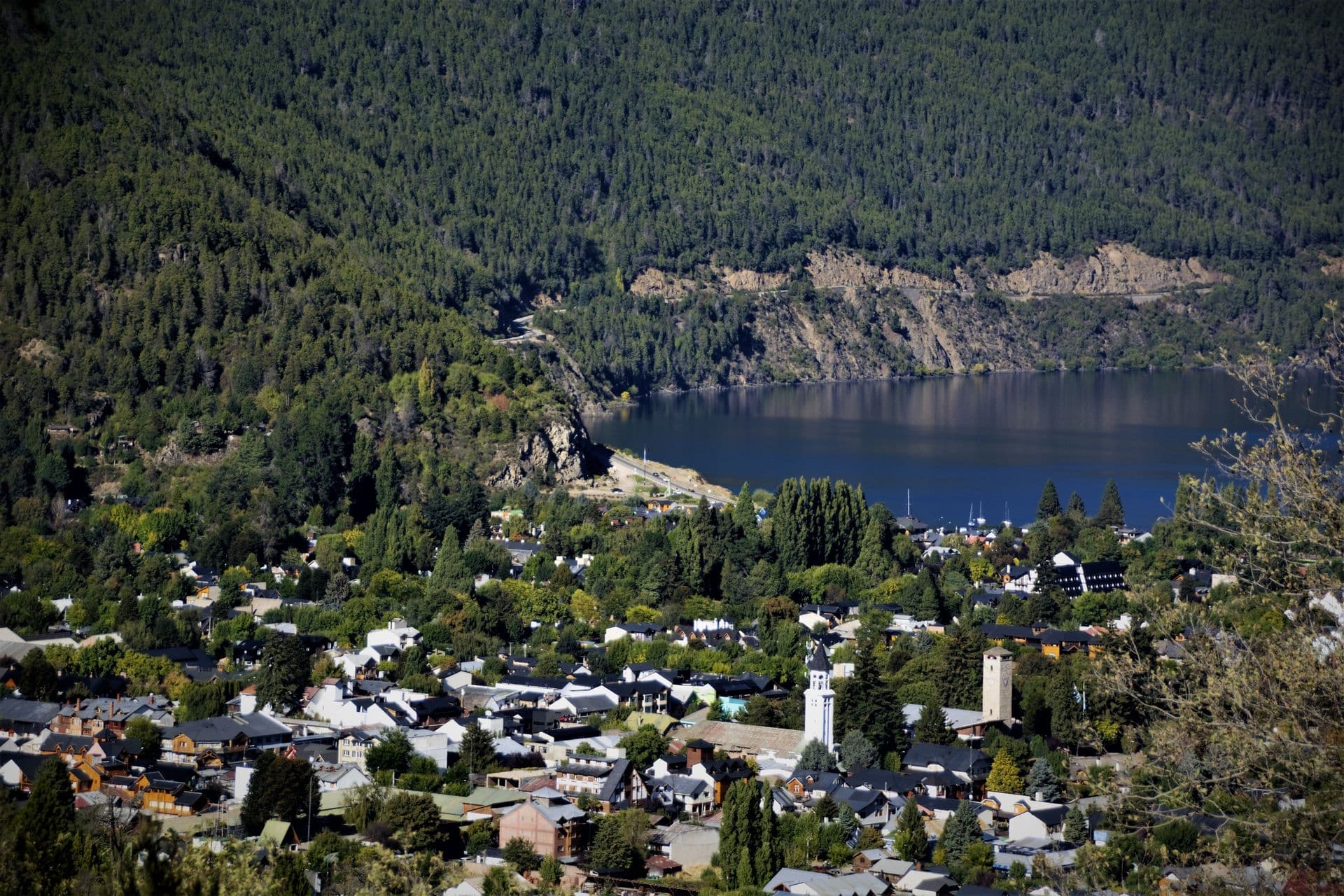 Panoramic alpine village view of San Martín de los Andes nestled in the valley, Argentina.