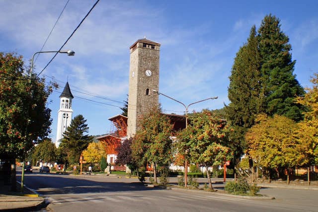 Town hall building and traditional alpine mountain architecture around Plaza San Martín, San Martín de los Andes.