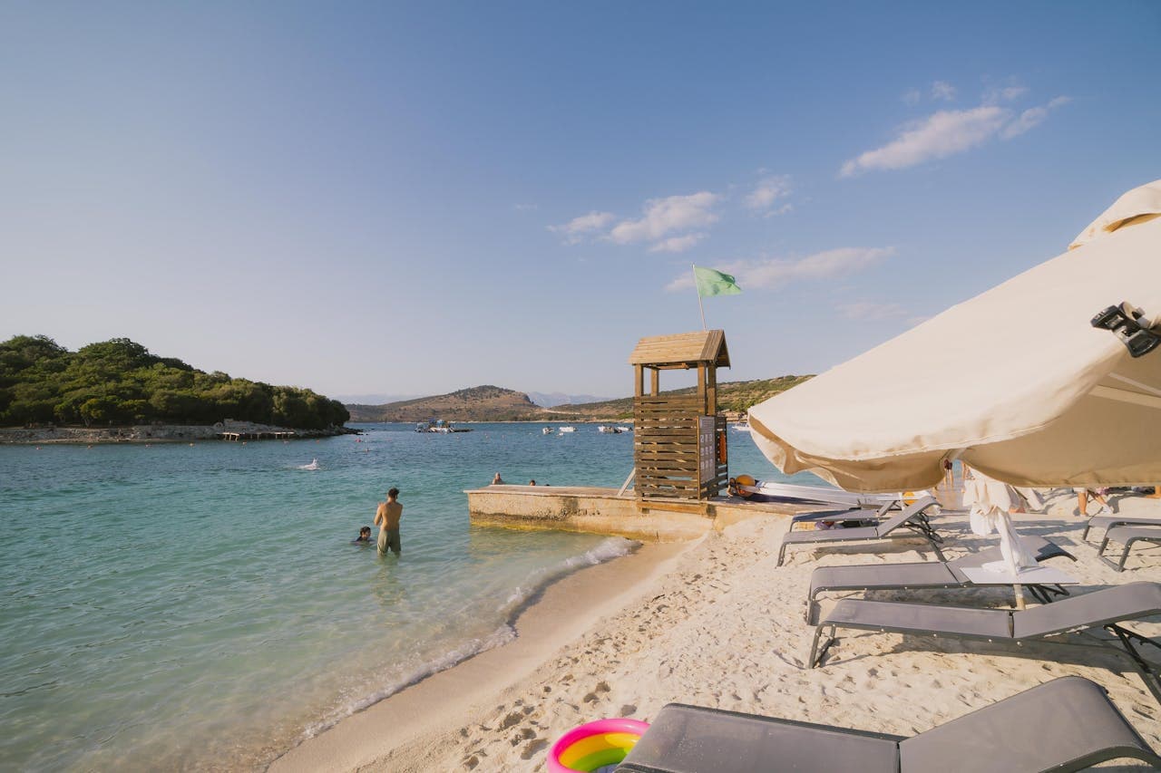 Ksamil beach, a small town in southern Albania, famous for its white sand beaches and crystal-clear turquoise waters.