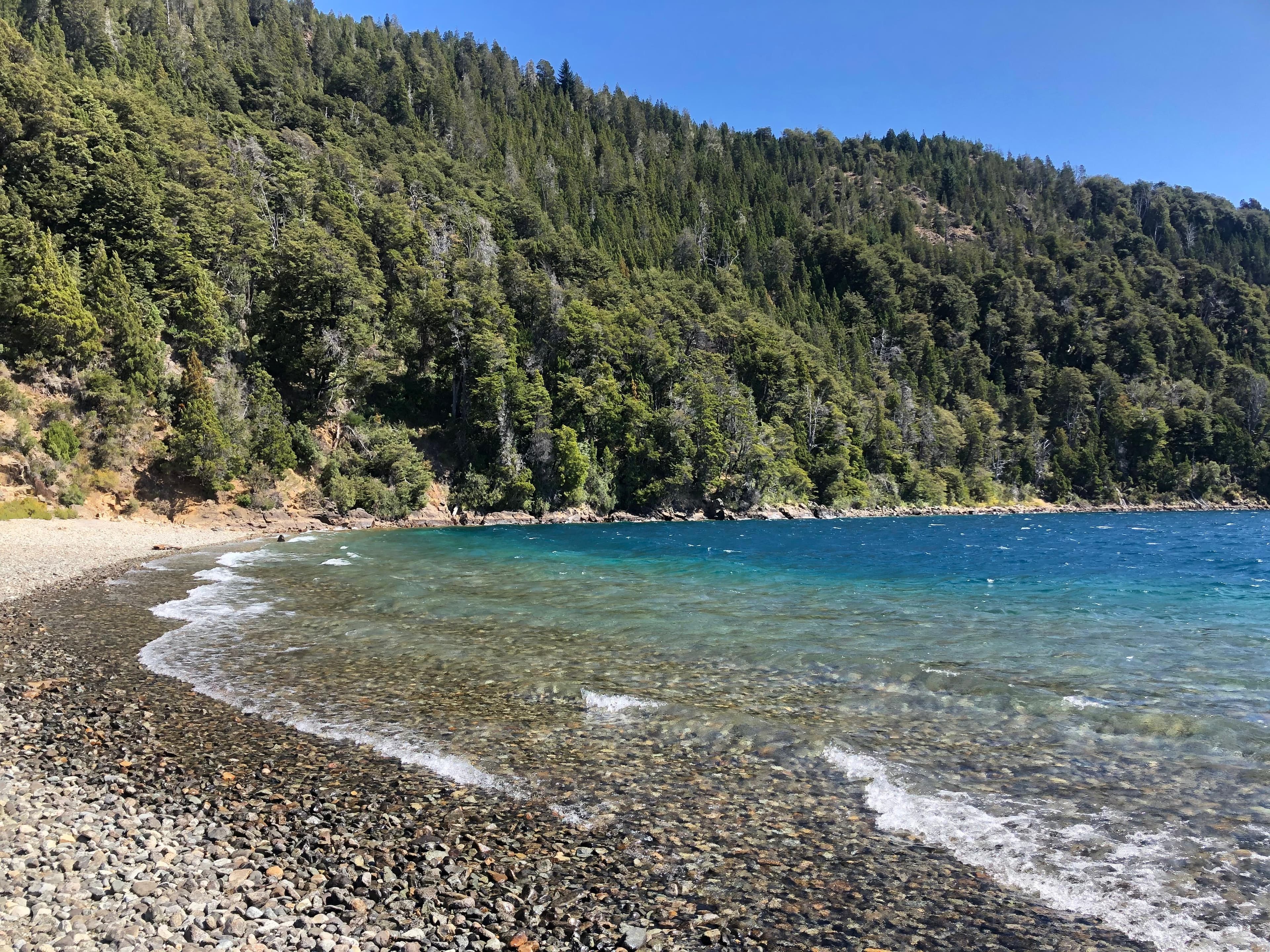 Turquoise water beach of Lago Moreno. One of the most beautiful spots on Circuito Chico.