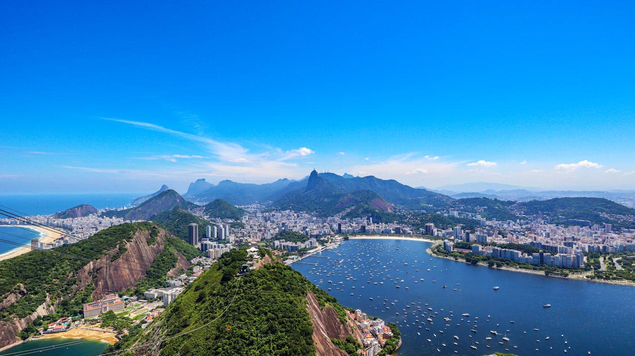 View from Sugarloaf Mountain. The image shows the residential neighborhood of Botafogo, and on the left side Copacabana beach.