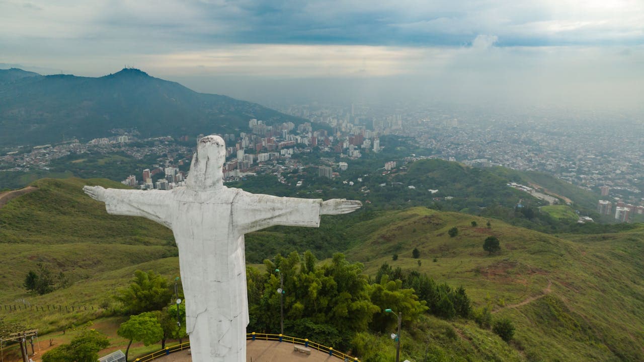 View from Cristo Rey in Cali, Colombia. It is a 26-meter monument located on Cerro Los Cristales, now reopened as an ecological park.