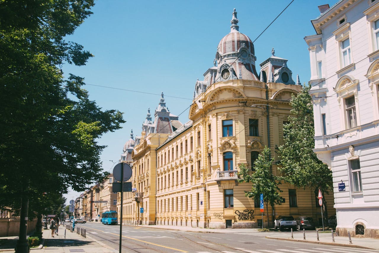 The majestic headquarters of the Croatian Railways, an architectural gem guarding the entrance to Zagreb's Green Horseshoe.