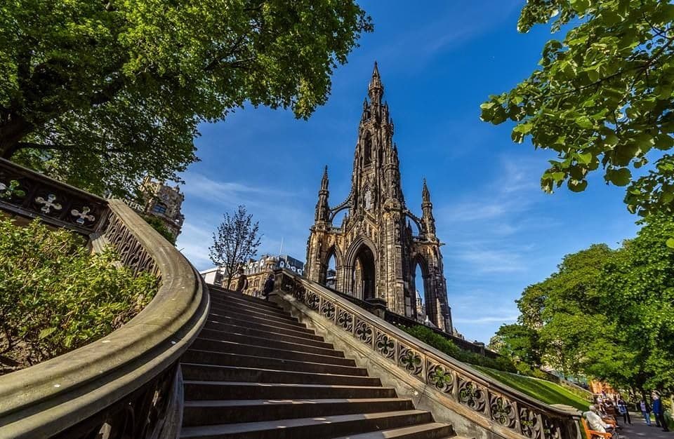 The imposing and dark Gothic structure of the Scott Monument on Princes Street, Edinburgh.