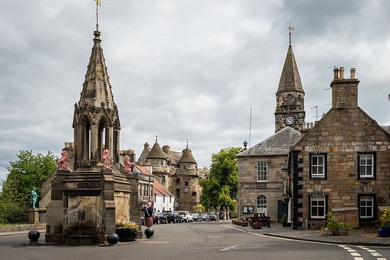 The central square of the village of Falkland with its iconic fountain used in Outlander. Scotland.