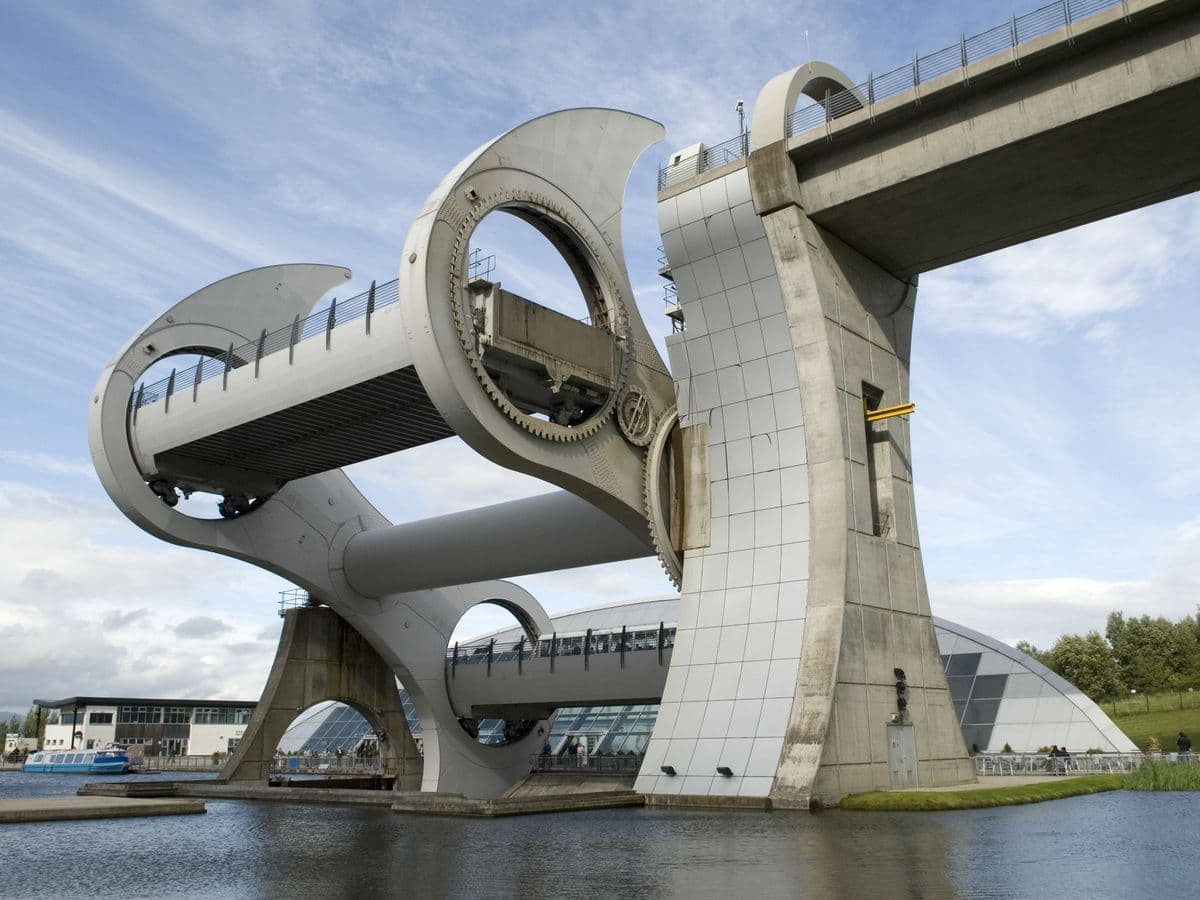 The Falkirk Wheel, the impressive rotating boat lift that can be visited right alongside The Kelpies in Falkirk, Scotland.