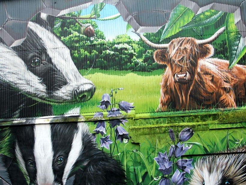 Mural que muestra diferentes animales nativos en un estacionamiento del centro de Glasgow.