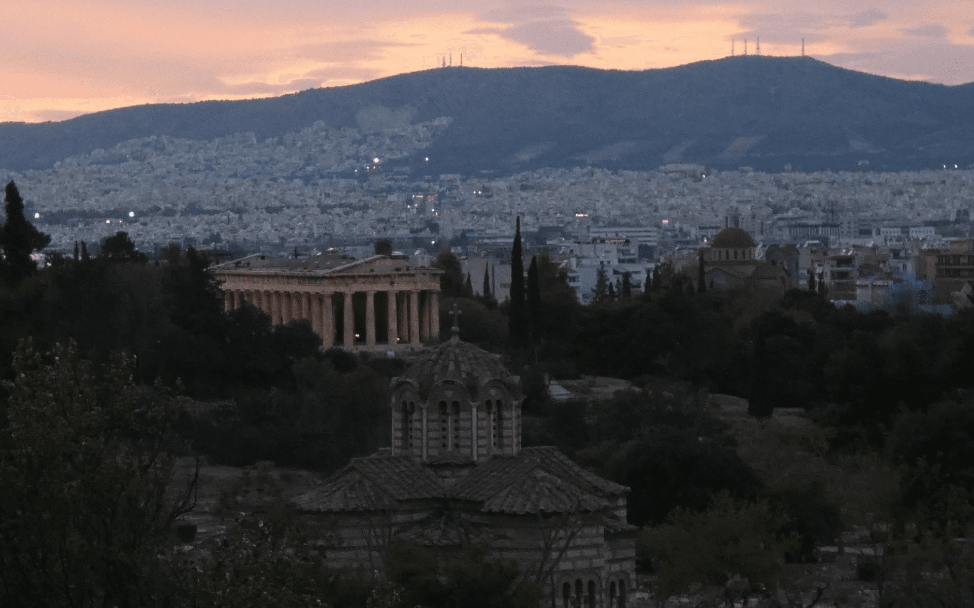 Layers of history: the Church of the Holy Apostles and the Temple of Hephaestus coexisting in the Ancient Agora.