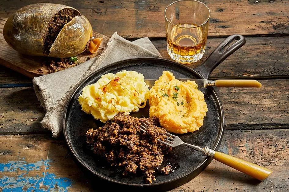 The national dish of Scotland originated as poor man's food since it used whatever was left of the sheep. Nowadays, this haggis has little to do with the medieval recipe, which would contain far more variety of offal. Additionally, it is now served with mashed potatoes (tatties), mashed turnips (neeps), and a whisky sauce.
