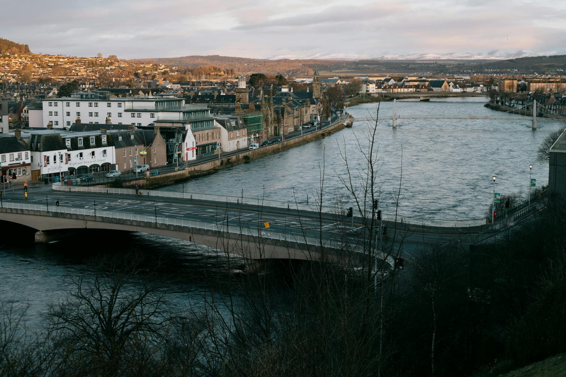 Panoramic view of the city of Inverness with the River Ness crossing the historic center.