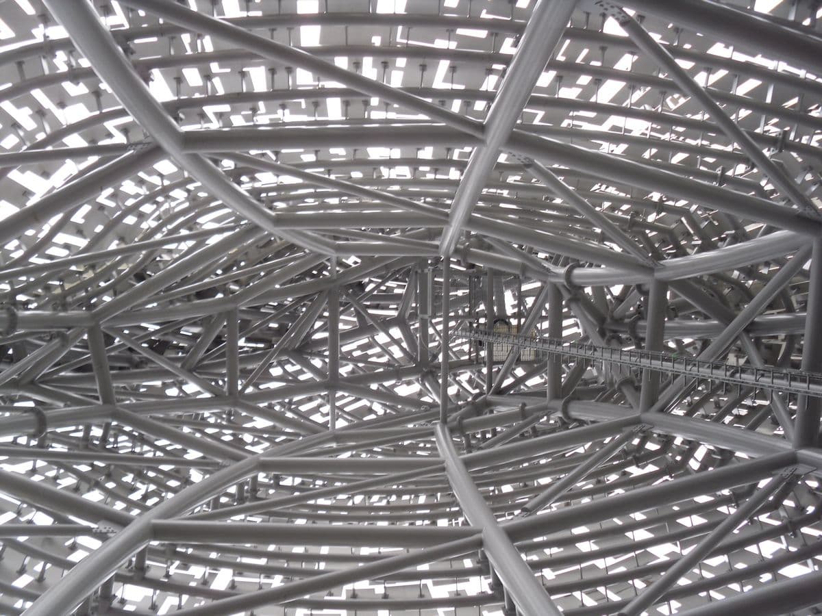 Close-up detail of the stainless steel plates and structural engineering of The Kelpies.
