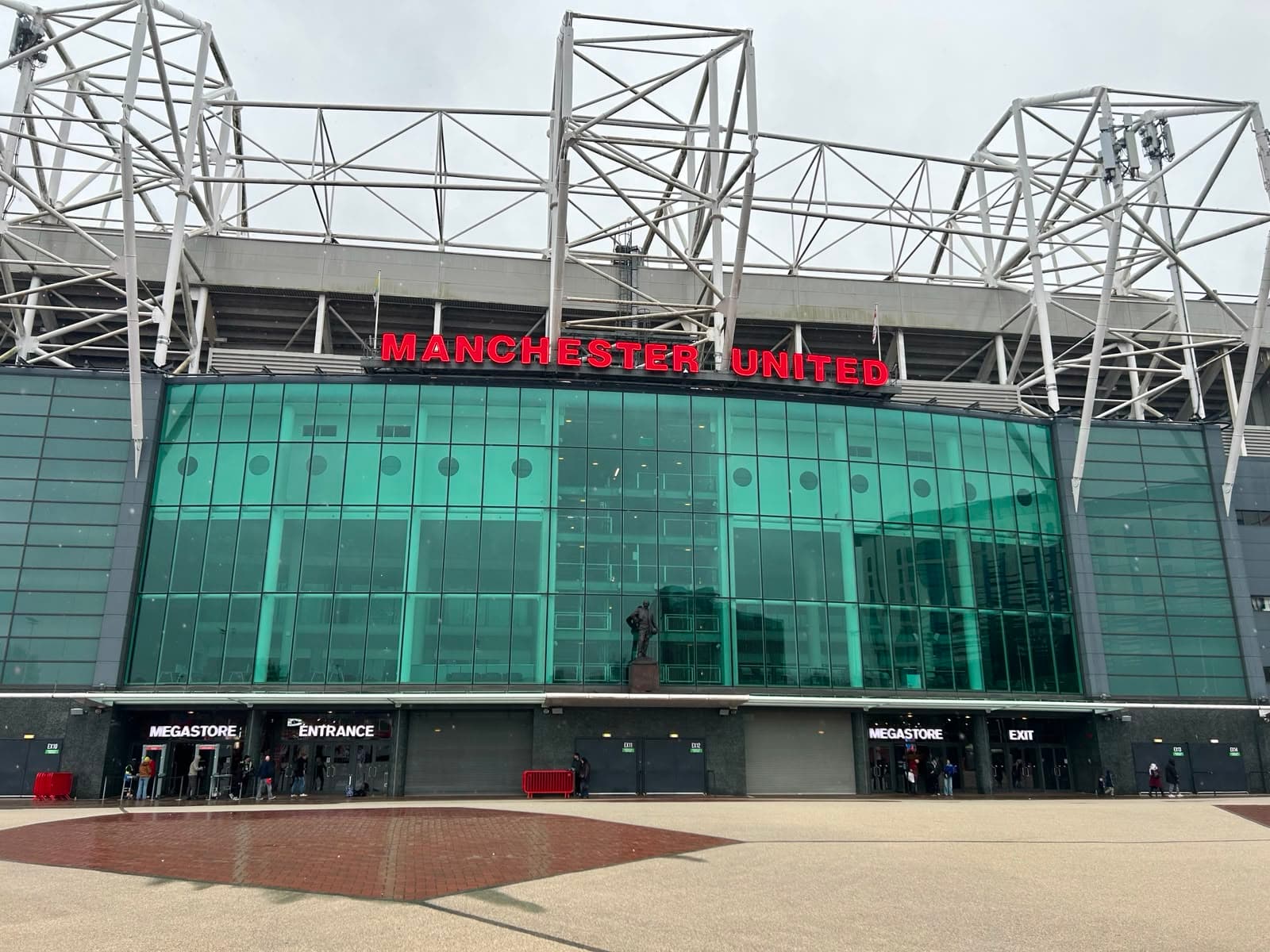 Exterior of the Old Trafford football stadium, the iconic home of Manchester United.