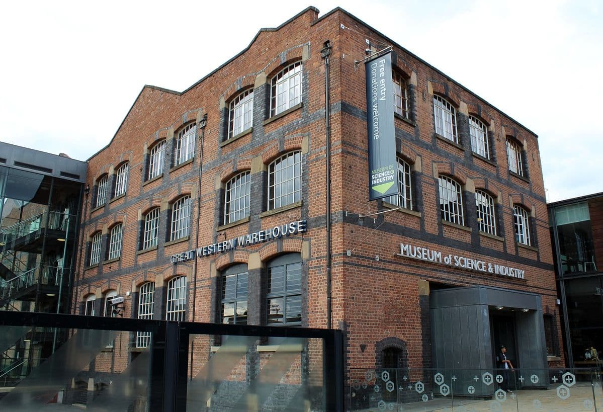 Facade of the Science and Industry Museum in Manchester, England.