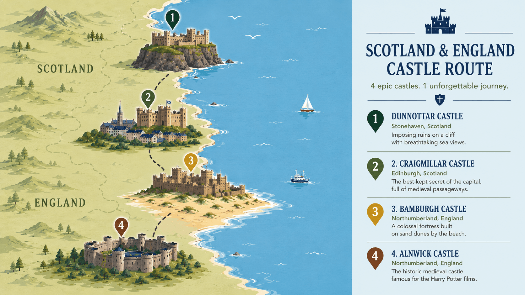 Infographic map of the 6-day castle route through Scotland and England, from Dunnottar to Alnwick.