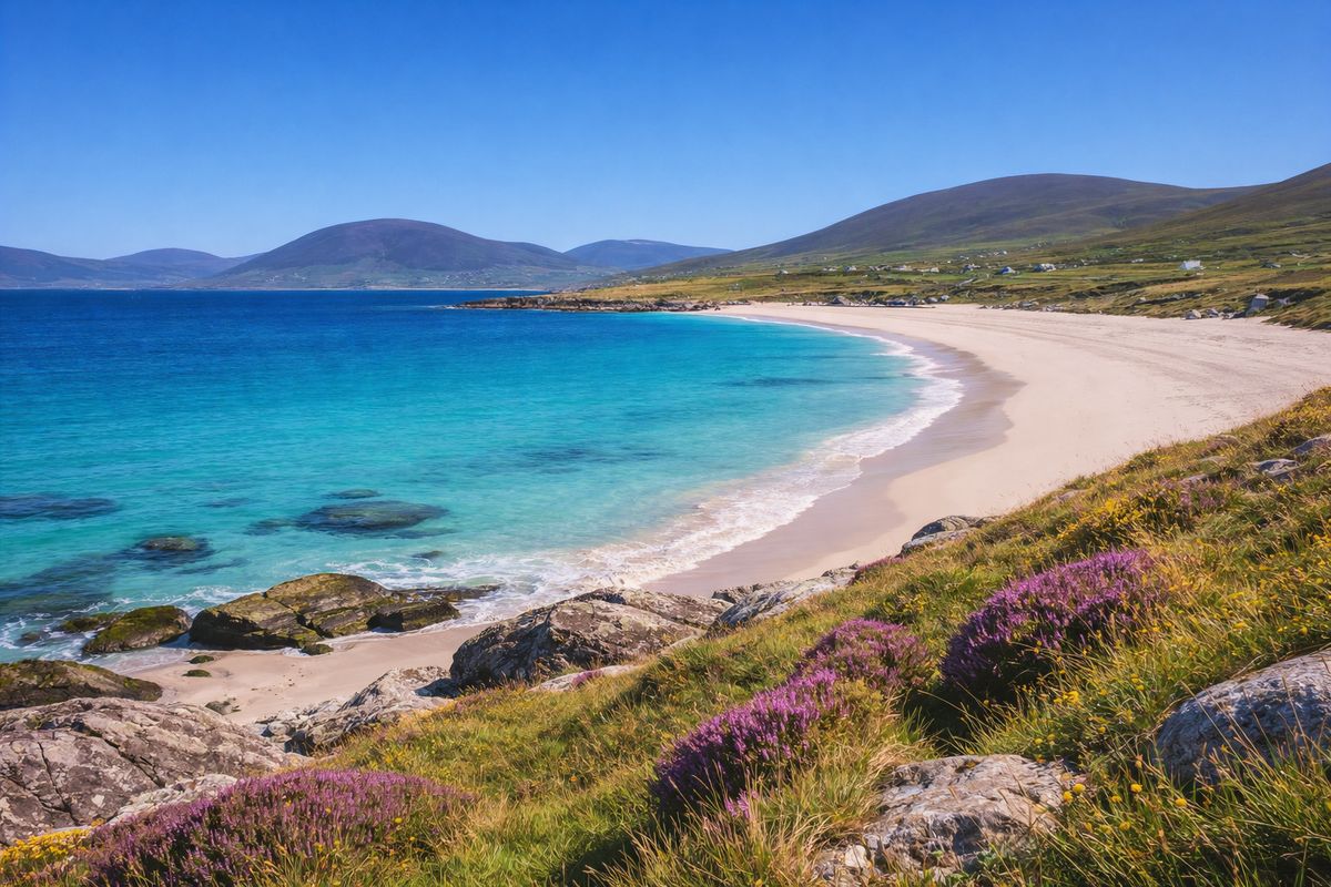 Praia de Luskentyre na Ilha de Harris com águas turquesas e areia branca. Escócia.
