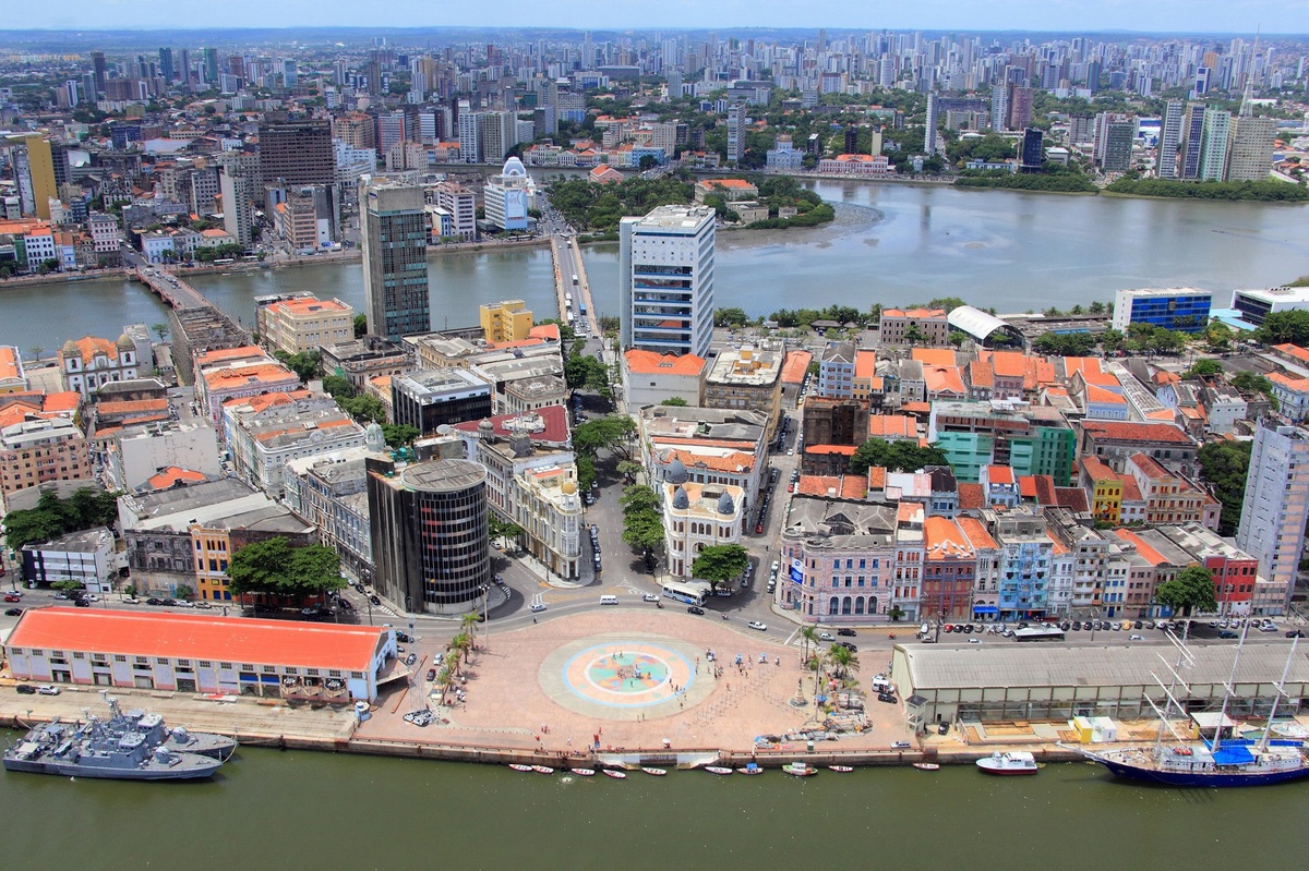 Aerial view of Recife Antigo, the historic center of Recife, Brazil.