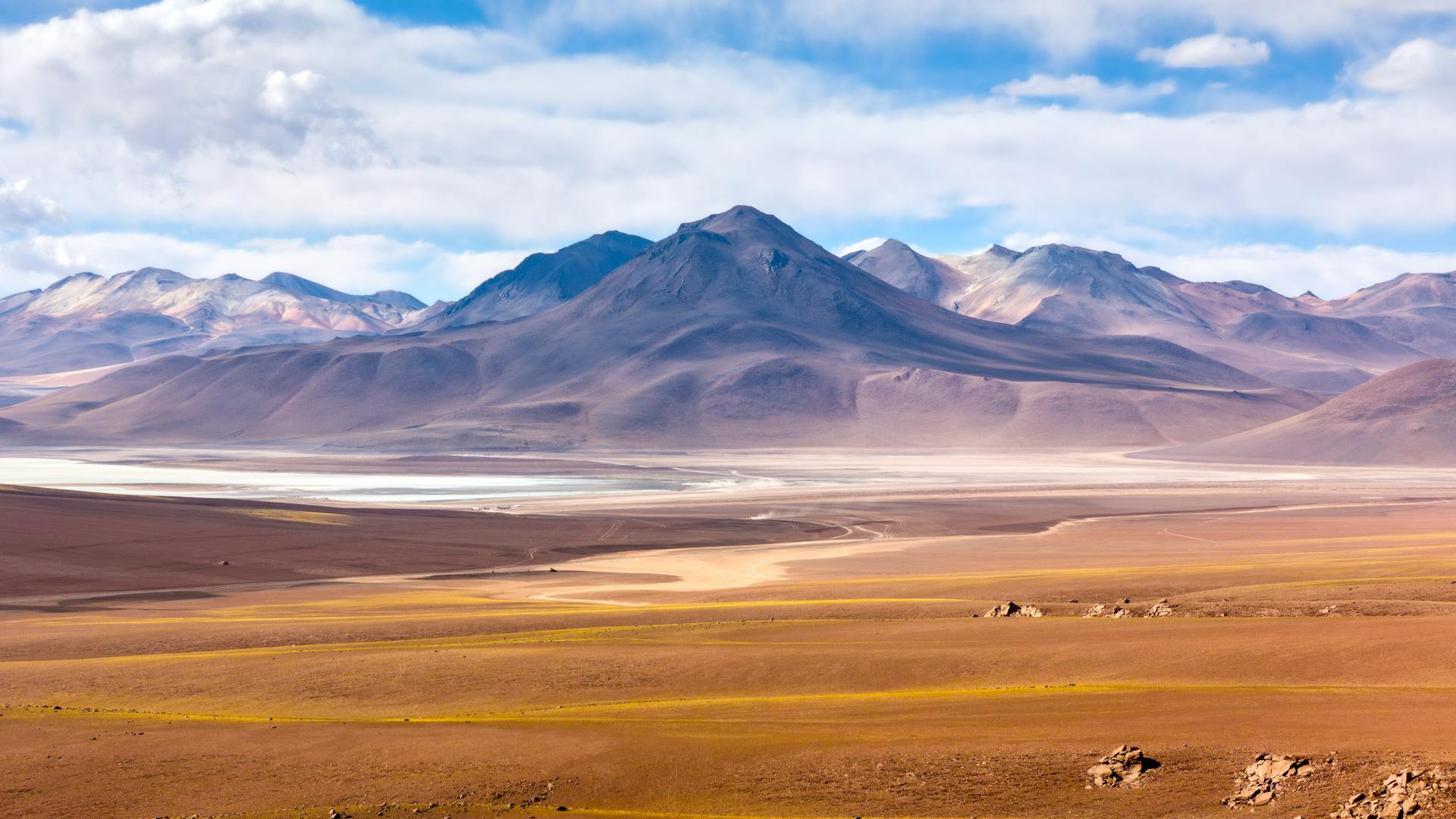 Vista serena del desierto de Atacama con cadena montañosa en Chile que muestra belleza natural.