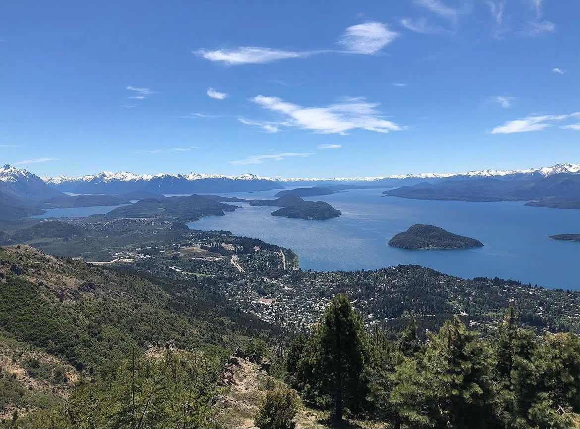 Panoramic views from the main viewpoint at the summit of Cerro Otto towards Nahuel Huapi Lake.