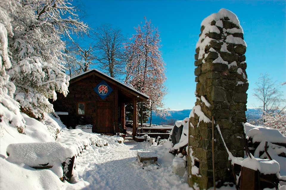 The historic Refugio Berghof surrounded by towering trees on Cerro Otto.