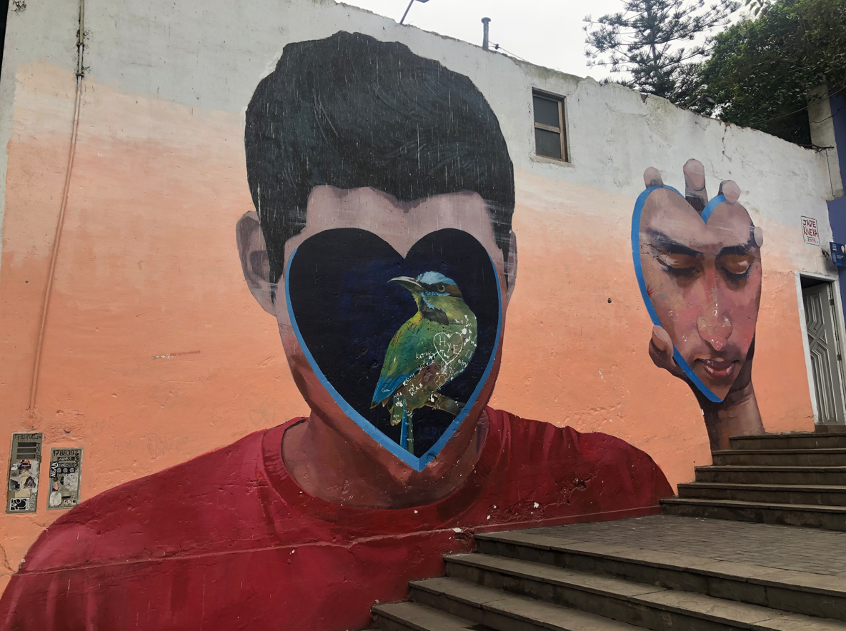 Mural en Barranco, Lima. Es el barrio alternativo y bohemio por excelencia de la capital peruana, con un nutrido vecindario de artistas, intelectuales y personalidades, como el escritor Mario Vargas Llosa, quien tuvo hasta hace poco aquí su residencia.