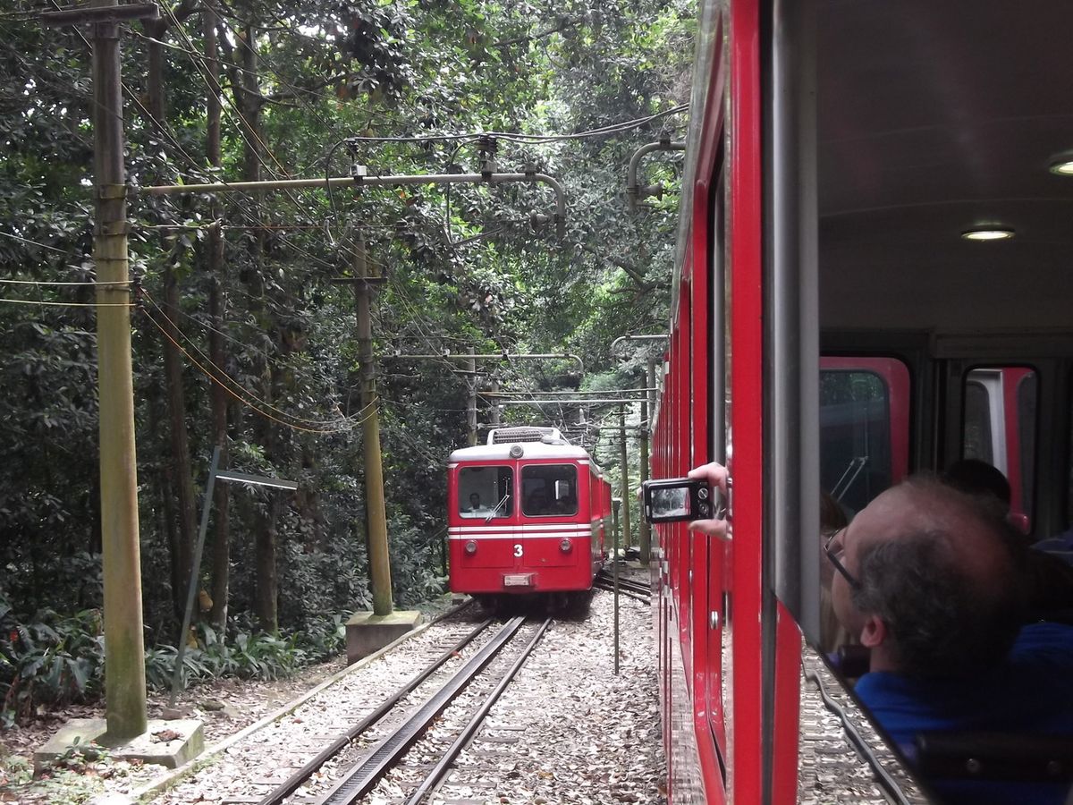 Trem do Corcovado atravesando la selva tropical del Parque Nacional da Tijuca hasta el Cristo Redentor de Río de Janeiro, Brasil.