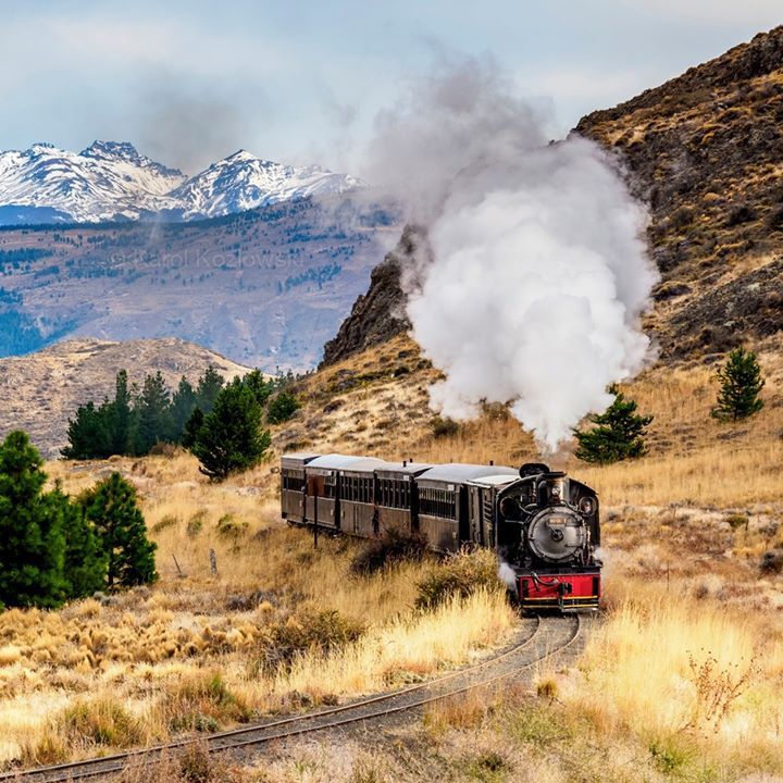 La Trochita, the historic narrow-gauge steam train passing through Esquel, Argentina.