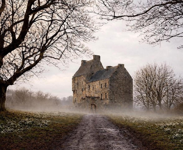 Fachada histórica do Midhope Castle, a casa de Jamie Fraser em Outlander.