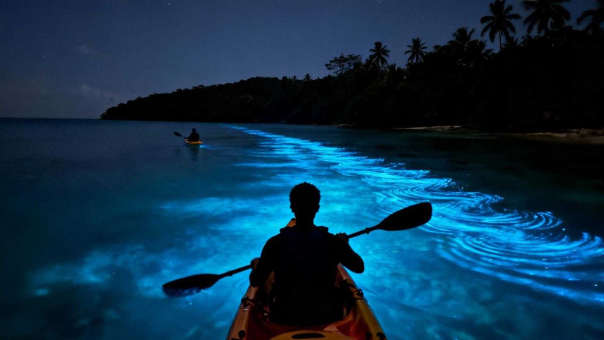 Actividad de plancton bioluminiscente por las noches en Isla Barú, Colombia.