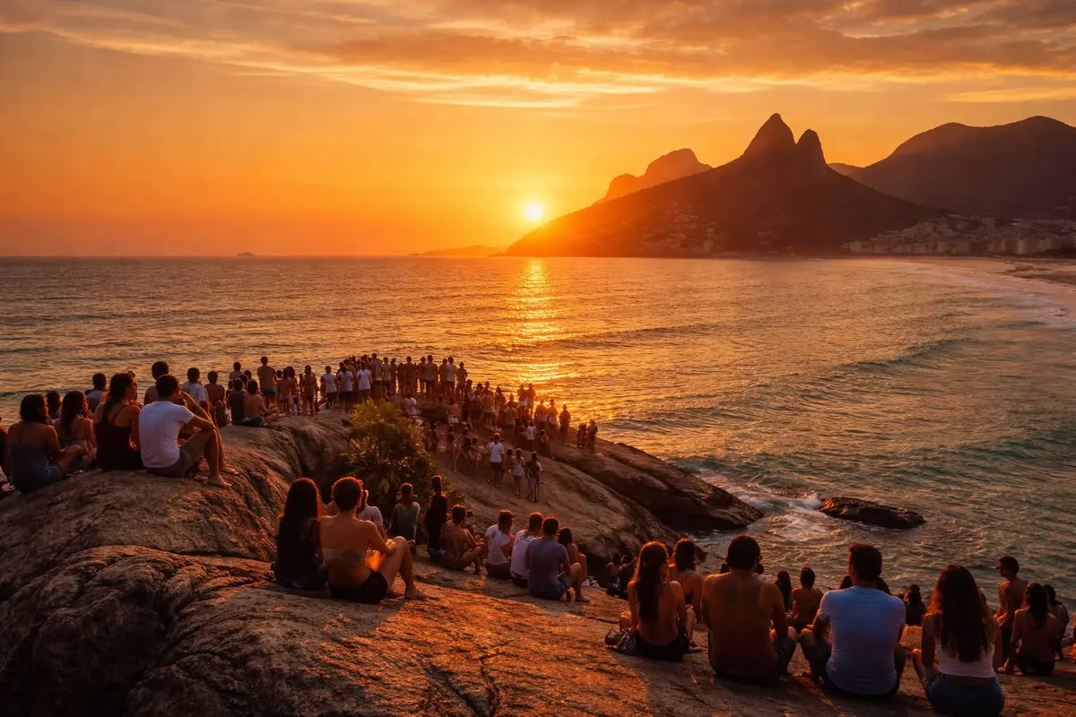 Atardecer icónico desde la Pedra do Arpoador de Ipanema con silueta de las montañas al fondo, Río de Janeiro, Brasil.