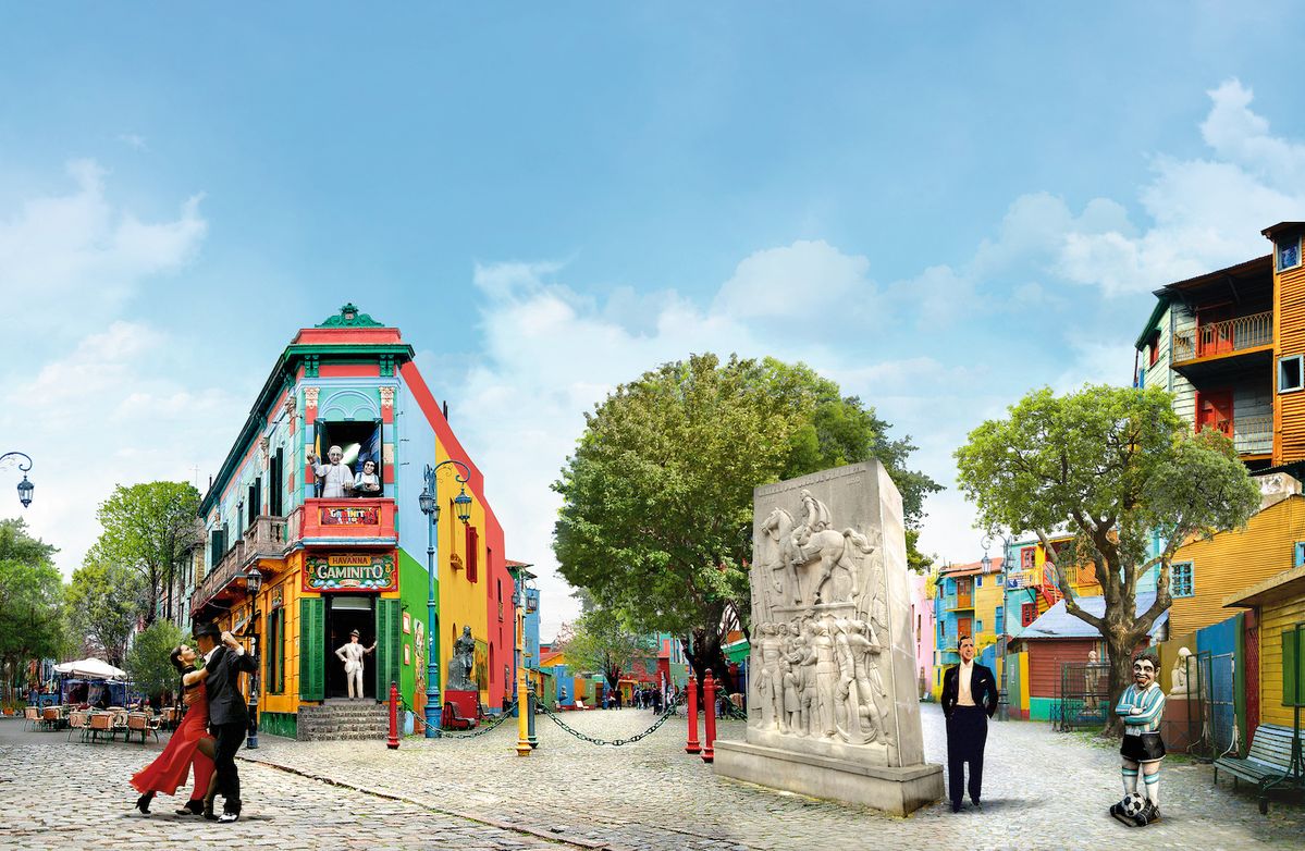 Os icônicos cortiços coloridos e casais dançando tango em Caminito, La Boca, Buenos Aires.