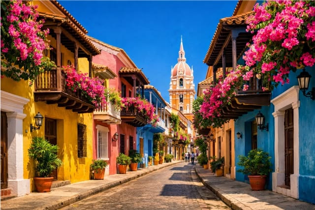 Calles coloridas y festivas en Cartagena de Indias, Colombia, en el Caribe sur.