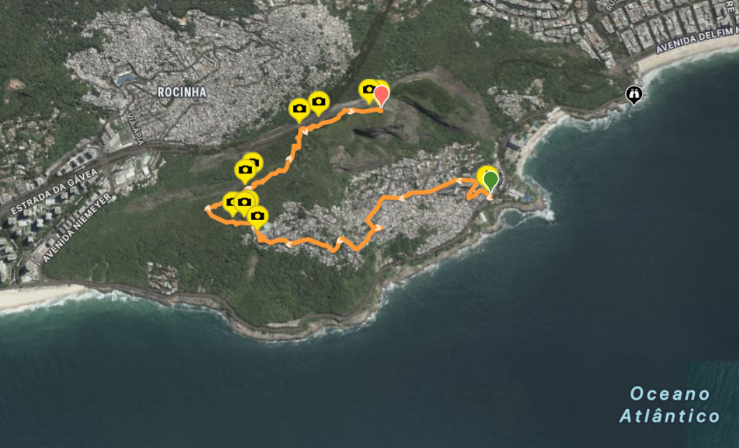 Ilustração do percurso iniciando na Praça do Vidigal até o cume do irmão maior do morro Dois Irmãos no Rio de Janeiro.