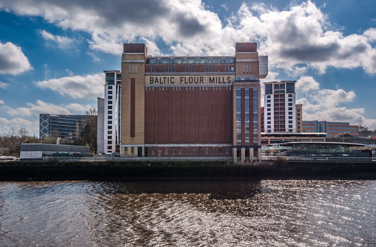 The Baltic Centre next to the River Tyne, a massive industrial building converted into a contemporary art gallery. Newcastle, England.