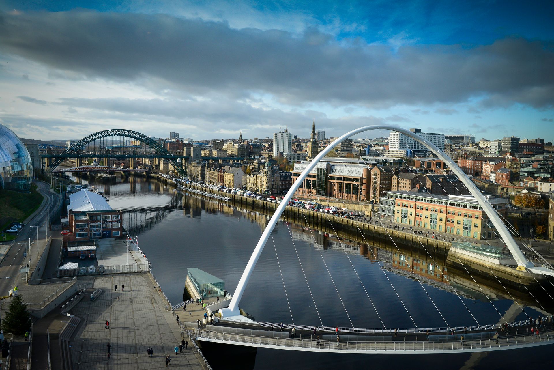 Panoramic view of the Newcastle Quayside, featuring the Tyne Bridge and the Millennium Bridge over the river.