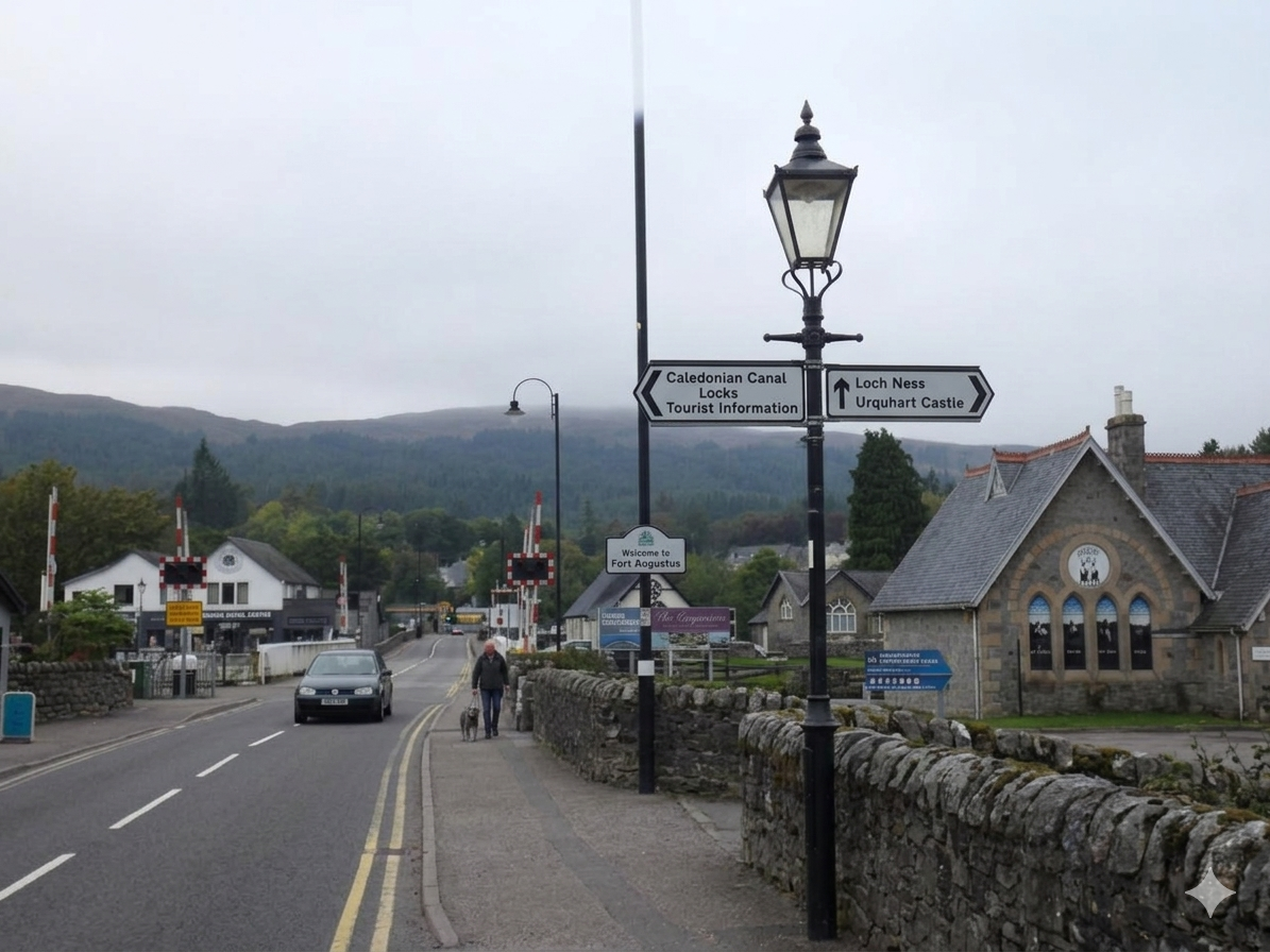 Entrando a Fort Augustus en un típico día gris de las Highlands. La arquitectura de piedra y las colinas cubiertas de bosque que rodean el pueblo crean una atmósfera perfecta para custodiar los secretos del Lago Ness.