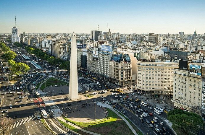 View of the Obelisco of Buenos Aires in Plaza de la República along 9 de Julio Avenue.