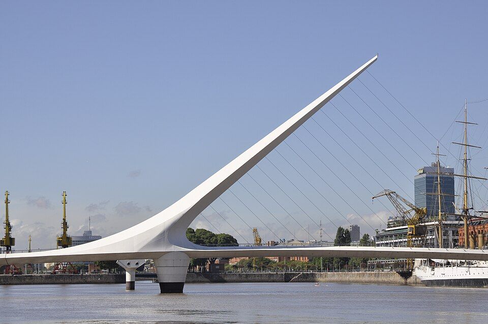 Detail of the inclined mast and steel suspension cables of Puente de la Mujer in Buenos Aires.
