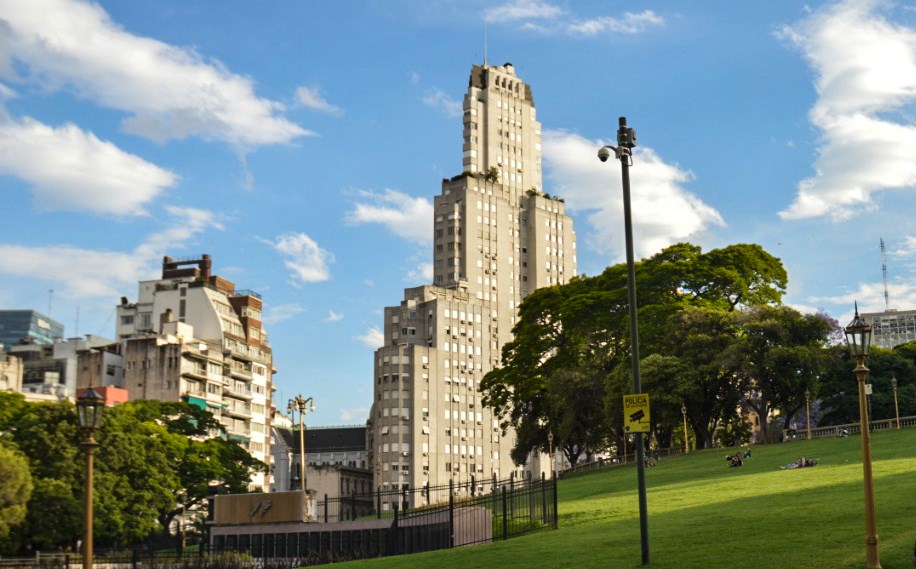 Facade of the iconic Kavanagh Building facing Plaza San Martín in Retiro, Buenos Aires.