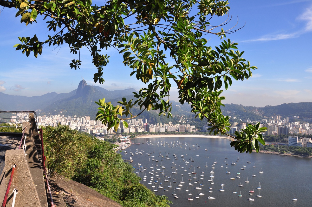 Panoramic view of Botafogo neighborhood from the Morro da Urca viewpoint in Rio de Janeiro.