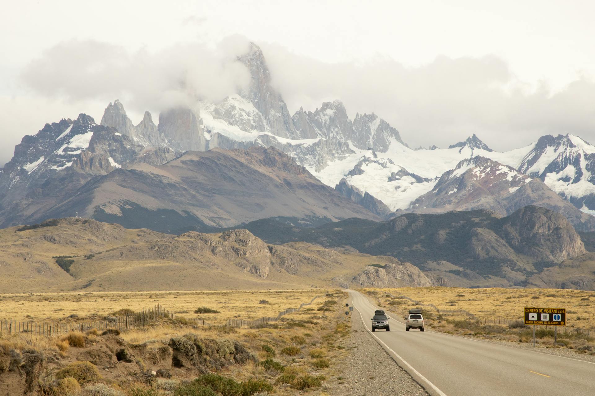 A section of the legendary Route 40 crossing the Patagonian steppe near El Chaltén, Argentina.