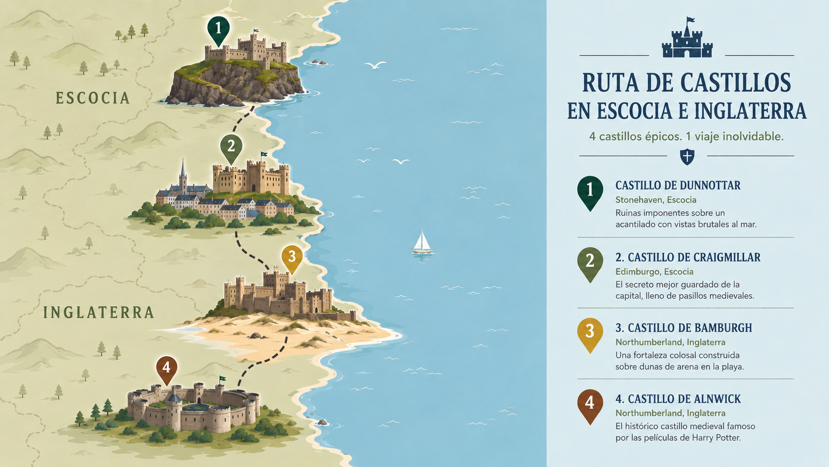 Mapa infográfico de la ruta de 6 días por los castillos de Escocia e Inglaterra, desde Dunnottar hasta Alnwick.