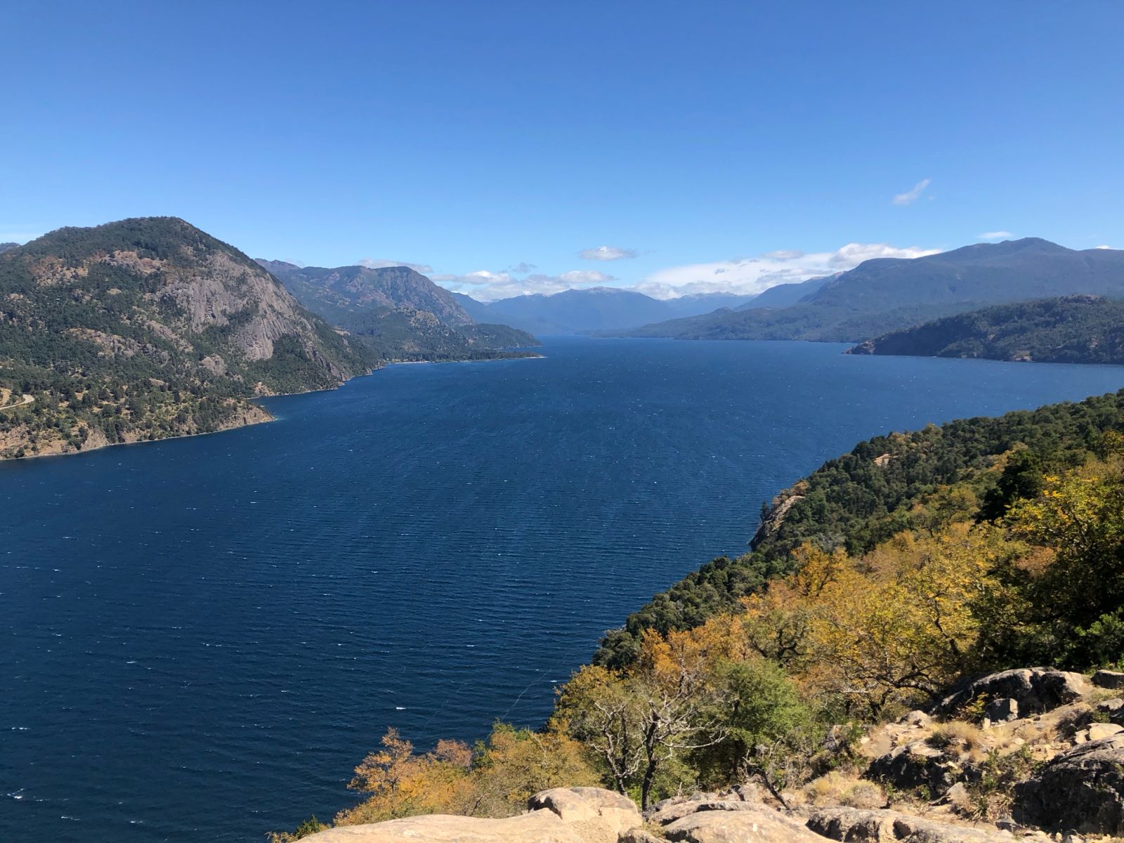 Aerial view of the deep blue waters of Lake Lácar from the Bandurrias Viewpoint in San Martín de los Andes.