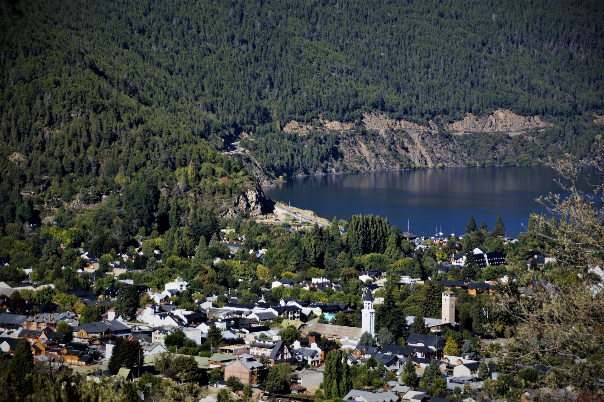 Panoramic alpine village view of San Martín de los Andes nestled in the valley, Argentina.