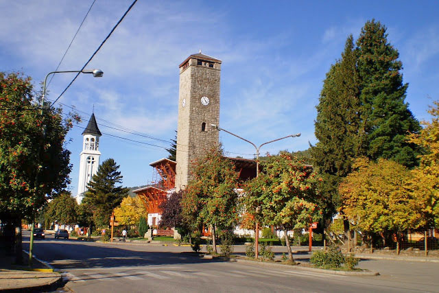 Town hall building and traditional alpine mountain architecture around Plaza San Martín, San Martín de los Andes.
