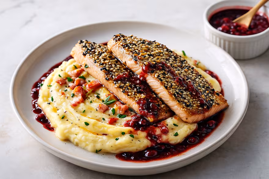 Traditional dish of Patagonian trout served with rustic mashed potatoes in a local restaurant in Villa La Angostura.