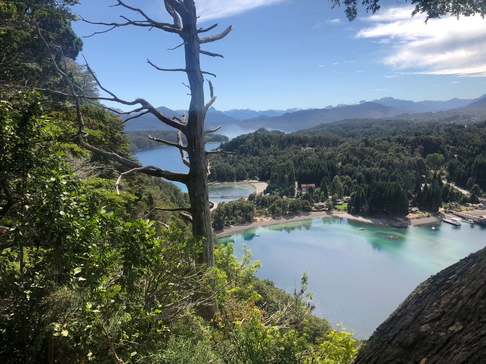 Panoramic aerial view from the peninsula viewpoint looking over the twin bays of the port in Villa La Angostura.