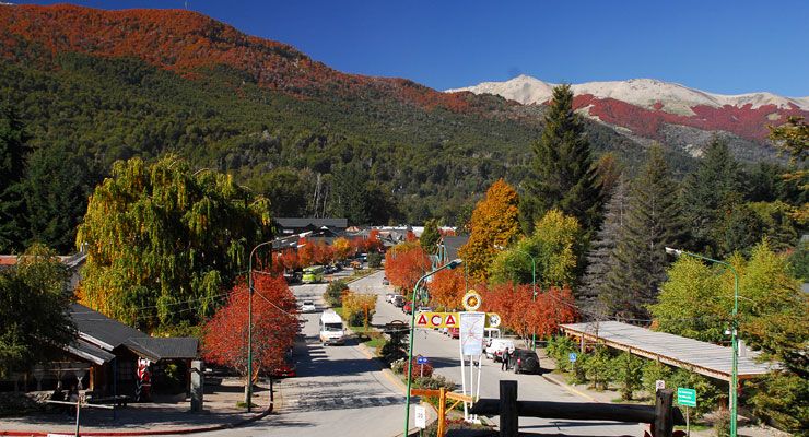 View of Arrayanes Avenue, the commercial downtown center of Villa La Angostura, Argentina.
