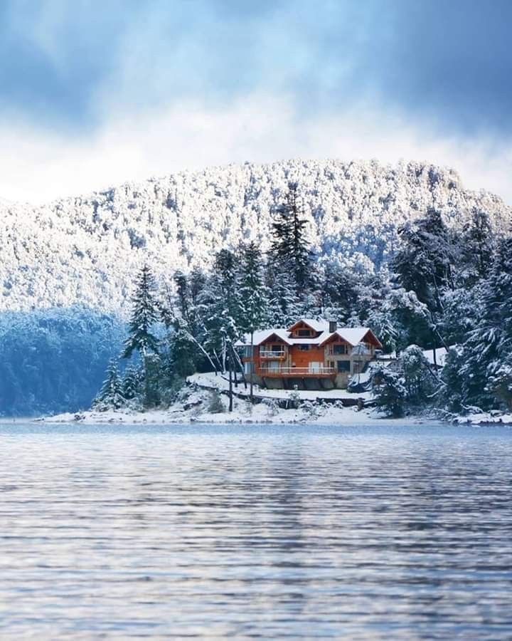 Wooden cabins surrounded by dense trees covered under a heavy winter snowfall in Villa La Angostura.